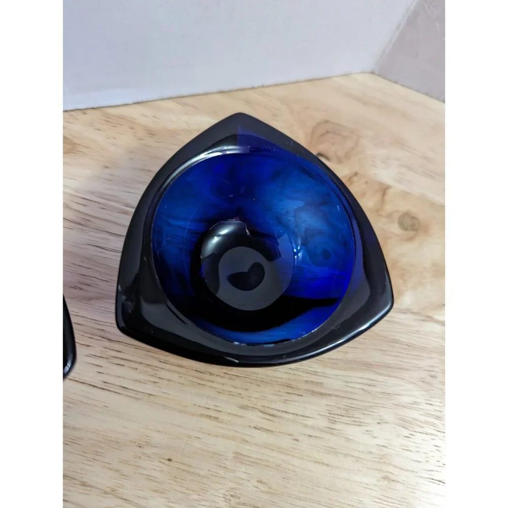 Nuutajarvi‎ Finland glass cobalt blue tea voltive candle holders round triangle